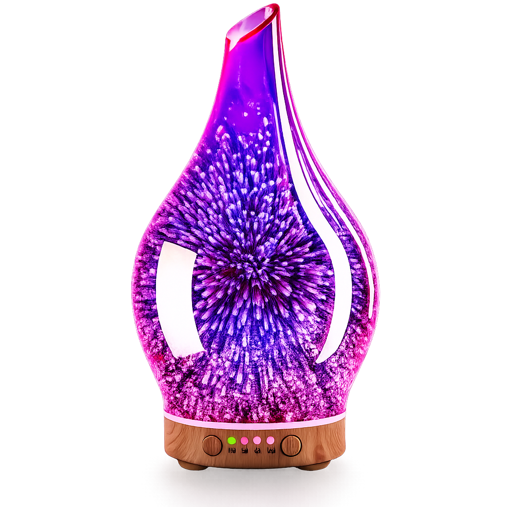 Casolyna, humidificador ultrasónico con aromaterapia en vidrio 3D y base de madera, encendido
